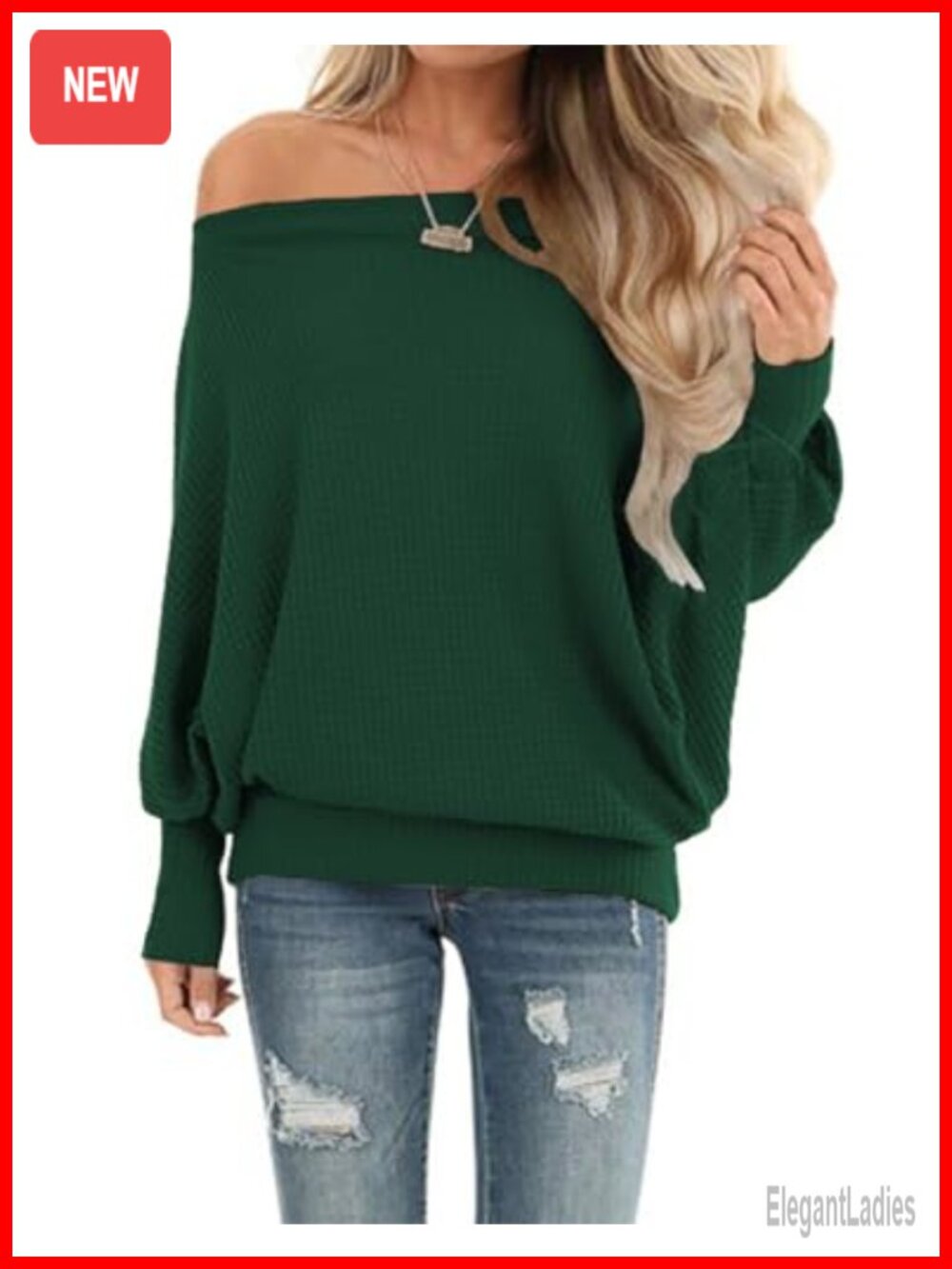 Waffle Knit Off Shoulder Tunic Sweatshirt Batwing Long Sleeve Pullover